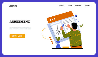 Poster - Business agreement landing page. Contract signature. Man signing document on laptop or digital tablet. Electronic approval sign. Partnership papers. Website template. Vector web banner