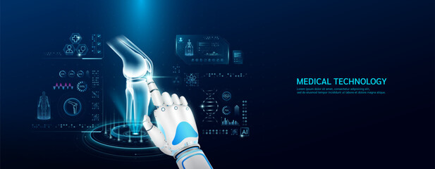 Wall Mural - Robot index finger is touching a human knee joint bone. Medical health care with futuristic technology AI. Organ X ray examination and scan virtual simulation interface hologram. Banner vector.