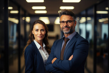 Wall Mural - Business partners wearing suits and looking at the camera at the office