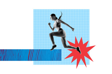 Poster - Horizontal creative photo collage young motivated fit sportswoman run jump training for her goal on composite background