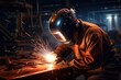 © Tanu - welder is welding metal, Building welder in a safety helmet welding a steel structure at a construction site Ai generated