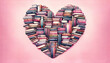 Valentines Day greeting card with Heart Shape Made from Pink Books. Watercolor Illustration of a heart shape formed by various pink books, Love story, love for reading and knowledge.