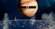 Clipper spacecraft on a flyby over Europa’s surface with Jupiter rising in the background. 3d rendering. Element of this image are furnished by Nasa
