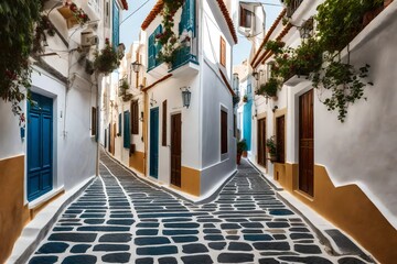 Poster - **greece,south aegean, horta, empty alley stretching between white-washed houses.