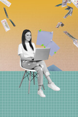Aufkleber - Image collage sketch of successful happy woman sit chair work from home earn money cash banknotes isolated on drawing creative background