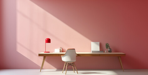 Wall Mural - minimalist interior design shades of pink and red, dining room with red chairs