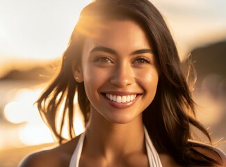 Poster - Latin smiling model wearing bikini on the beach