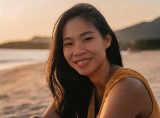 Canvas Print - Asian smiling model wearing bikini on the beach