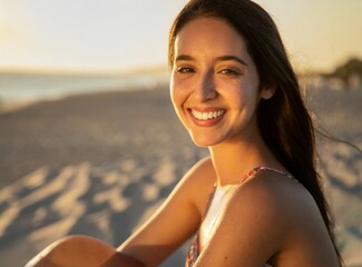 Sticker - Latin smiling model wearing bikini on the beach