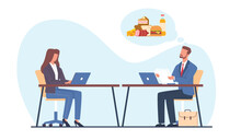 Hungry businessman in office is thinking about food. Man dreaming about hamburger and soda drink at workplace. Manager want to eat. Dinner time. Cartoon flat isolated vector concept