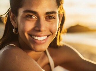 Wall Mural - Brunette transsexual person smiling model wearing bikini on the beach