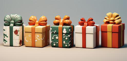 Wall Mural - Set of gift boxes with ribbons, arranged for holidays or sale and discount event. Generated AI.