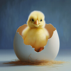 Wall Mural - A beautiful yellow chicken in an eggshell. Minimal Easter concept. nursing a baby. Pastel blue background.