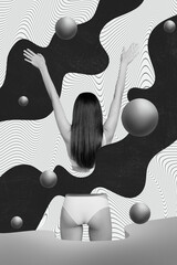 Wall Mural - Vertical collage picture of slender peaceful black white colors girl raise hands freedom painted flying balls isolated on creative background