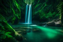 A Cascading Waterfall Hidden Deep Within A Lush, Emerald-green Canyon Waterfall Water Nature  Forest River Green Stream Cascade Landscape Tree Fall Rock Travel Park.