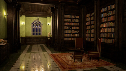 Poster - 3D rendering of an old gothic styled library interior with bookcases, table and chairs.