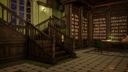 Poster - Interior of an gothic styled library in the evening. 3D illustration.