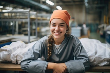 Wall Mural - Portrait of a smiling young woman in factory