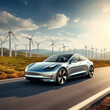 © DALU11 - Electric car with wind turbines in the background.