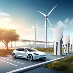 Wall Mural - Electric car charging with wind turbines in the background.