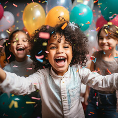 Happy children celebrating a birthday with confetti and balloons.