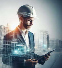 construction engineer with a hard hat holding a tablet and a pen double exposure with scaffolding on high tower buildings