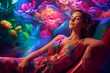 Ritratto di donna rilassata in un mare di colori. Aroma e cromo terapia