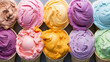 Set of ice cream scoops of different colors and flavours with berries, nuts and fruits Generative AI