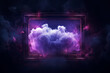 Neon photo frame border with thick fog smoke clouds on black background. Mock up template advertisement concept