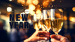 Close up photo of people hands doing New Year 2024 toast background - ai generative