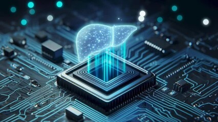 A digital blue human organ hologram like a liver, brain, heart, stomach, lungs, and kidney on the black light lines of the motherboard chip background in 4K with bokeh and particle lights