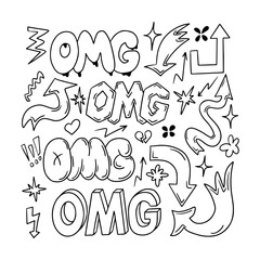 Poster - Contour sketch set with word OMG and arrows in retro 90s style. Clipart of hand drawn words, arrows. Black outline doodle signs and words in bubble, street style graffiti. Ideal for social media