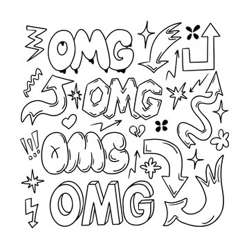 Contour sketch set with word OMG and arrows in retro 90s style. Clipart of hand drawn words, arrows. Black outline doodle signs and words in bubble, street style graffiti. Ideal for social media