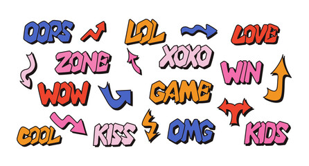 Poster - Big sticker set with words in 90s graffiti style. Vector hand drawn lettering and different type of arrows in street style. Words Kids, Zone, Win, Game, kiss, love, wow, oops. Good for stickers