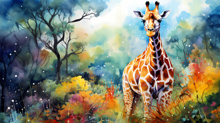 watercolor painting of a giraffe in the wild with dynamic strong brush strokes, vibrant colors, and 