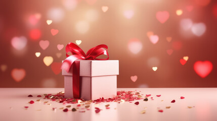 Poster - Gift box tied with a ribbon, surrounded by small hearts and a bokeh light effect on a pink background, suggesting a romantic occasion like Valentine's Day.