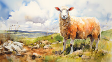 Watercolor Painting Of A Sheep On A Farm With Dynamic Strong Brush Strokes, Vibrant Colors, And Abstract Colors, Illustration