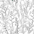 Seamless black and white pattern with wild herbs