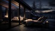The moody outdoor terrace of Nordic Noir Sleeping Nook, with sleek outdoor furniture, dimmed lighting, and a view of the night sky, providing a contemplative and enigmatic retreat.
