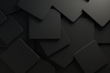 3d render, abstract black geometric background, minimal flat lay, twisted deck of square blank cards with rounded corners created with Generative Ai