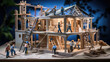 Miniature construction site with small figures representing workers engaged in various activities like building