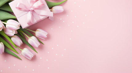 Wall Mural - Gift box with a satin ribbon surrounded by pink tulips and delicate petal decorations on a pastel pink background