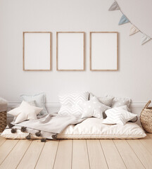 Wall Mural - Mock up frame in children room with natural wooden furniture, 3D render