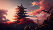 Beautiful Japanese temple cherry blossom trees. Castle at sunset, pagoda with cherry blossom, Ai generated image.