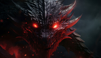 Wall Mural - a fantasy dragon head with red eyes and black background