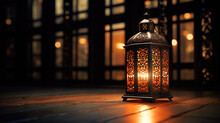 Traditional Ornate Lantern With A Lit Candle Inside Is Placed On A Wooden Surface Against The Blurred Backdrop. Ramadan Celebration.