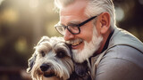 Fototapeta Zwierzęta - copy space, stockphoto, realistic, National Love Your Pet Day. Elderly man hugging his dog. Peaceful scene. Love and friendship between an animal, dog and boy, owner.