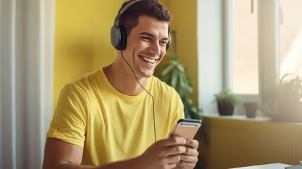 Poster - Young man smiling while looking at his phone and listening to music with headphones at home