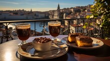 Enjoy a view of the Portuguese town while indulging in a pair of glasses of wine, two cups of freshly brewed espresso, and a classic Portuguese bolo de mel dessert made with honey and nuts.