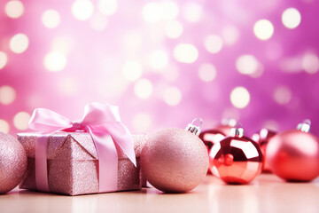 Wall Mural - Pink Christmas background with festive gift boxes and Christmas balls. Holiday Christmas and New Year composition with copy space.